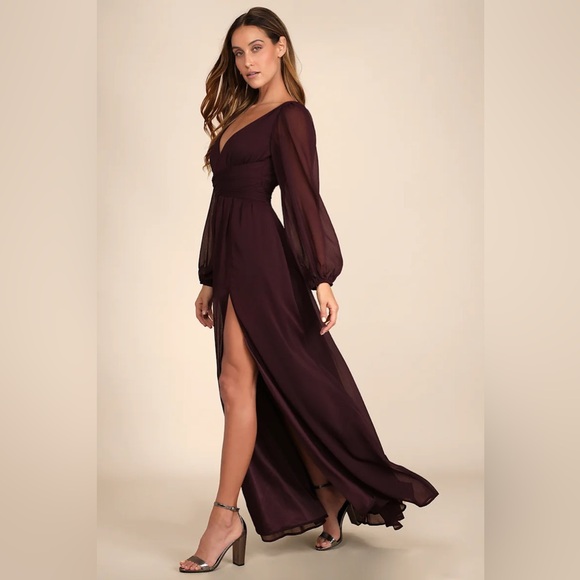 Lulus - Enchant My Love Dark Purple V-Neck Long Sleeve Maxi Dress - Small - Picture 8 of 11